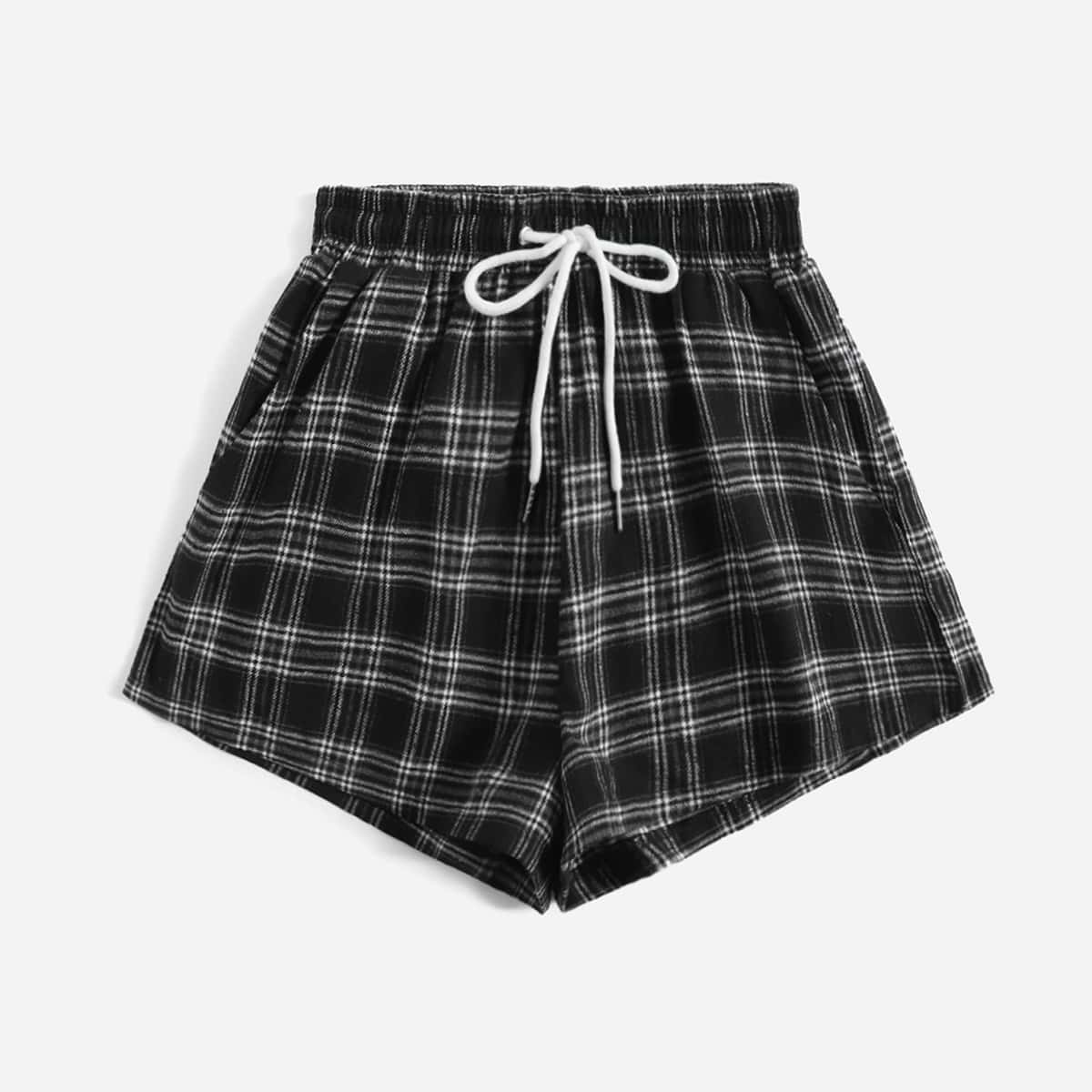 

Plaid Drawstring Shorts, Black
