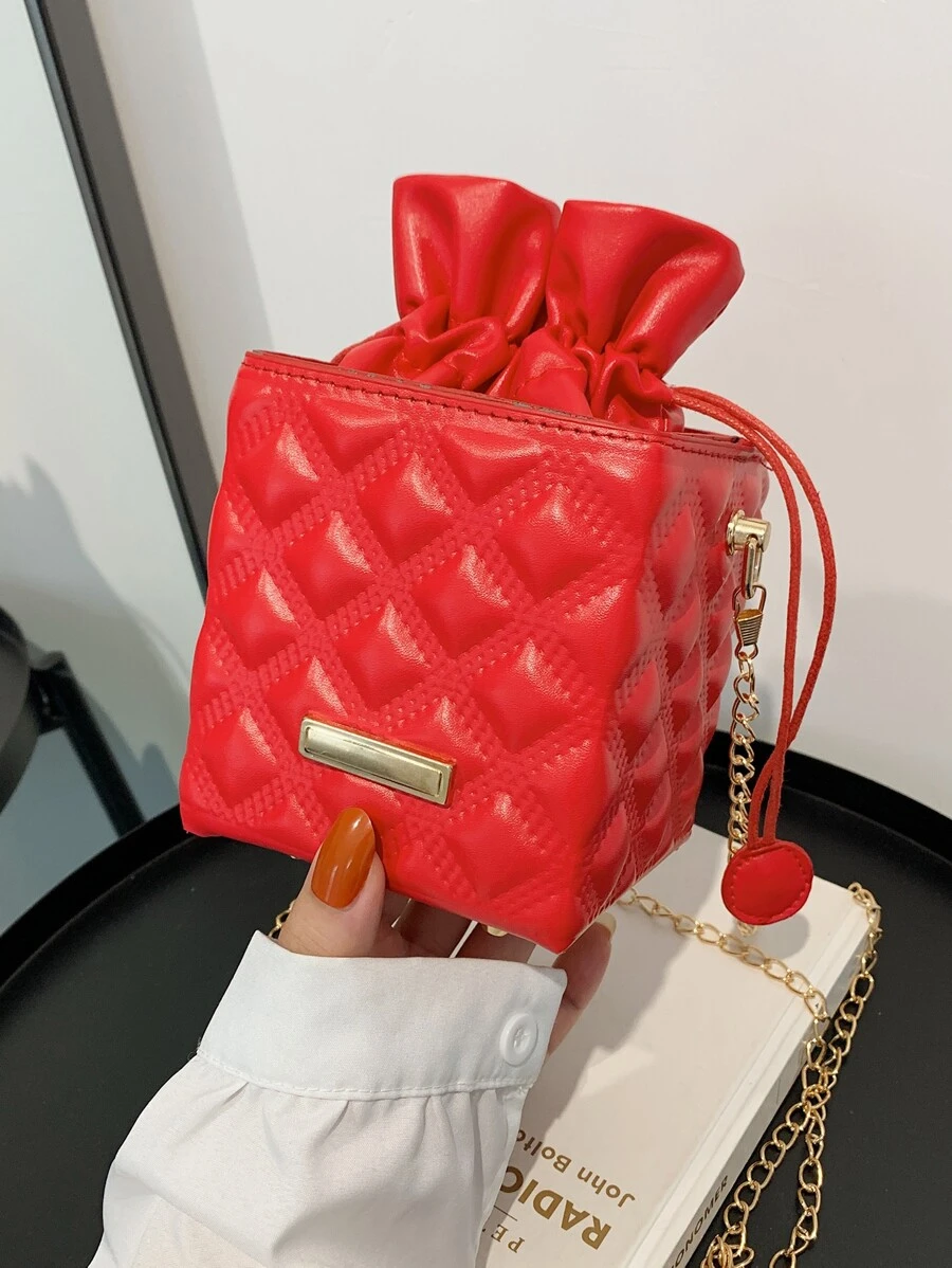 Mini Textured Drawstring Bucket Bag - Red - View 1