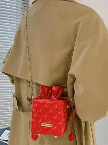 Mini Textured Drawstring Bucket Bag - Red - View 2