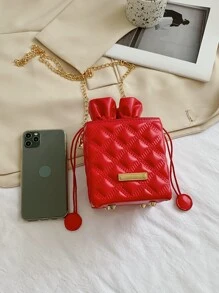 Mini Textured Drawstring Bucket Bag - Red - View 5