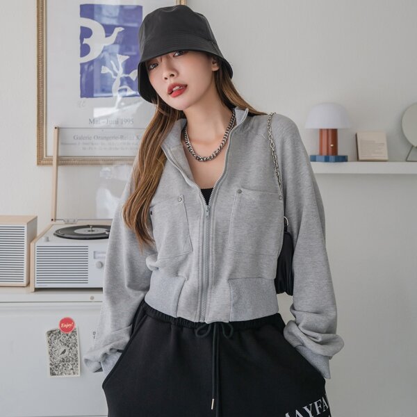 

Zip Up Dual Pockets Bishop Sleeve Sweatshirt, Grey