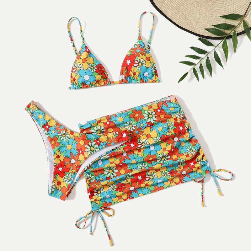 

3pack Floral Print Bikini Swimsuit With Beach Skirt, Multicolor