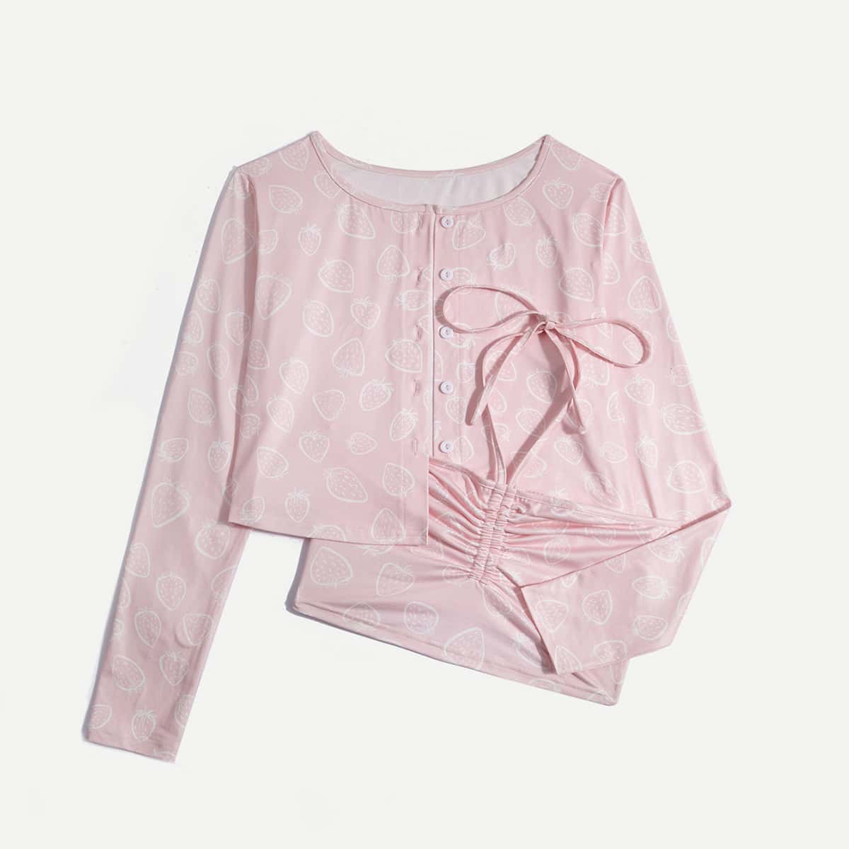 

Strawberry Print Button Front Tee & Halter Top, Pink