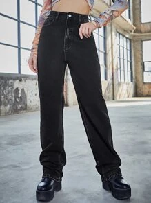 Jeans de talle alto de pierna ancha - Negro - Ver 1