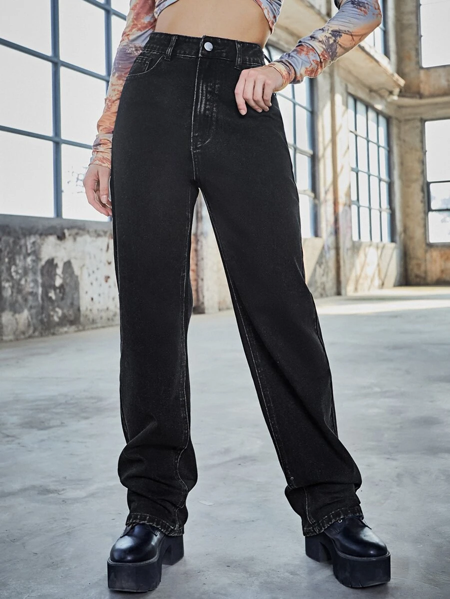 Jeans de talle alto de pierna ancha - Negro - Ver 1