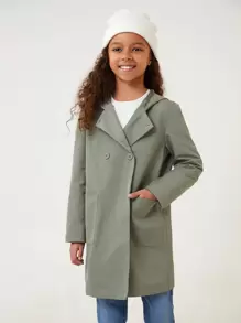 SHEIN Girls Dual Pocket Double Button Coat - Army Green - View 1
