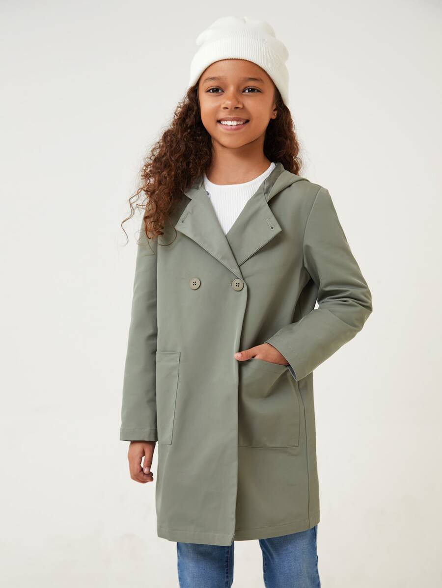 SHEIN Girls Dual Pocket Double Button Coat - Army Green - View 1