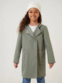 SHEIN Girls Dual Pocket Double Button Coat - Army Green - View 4