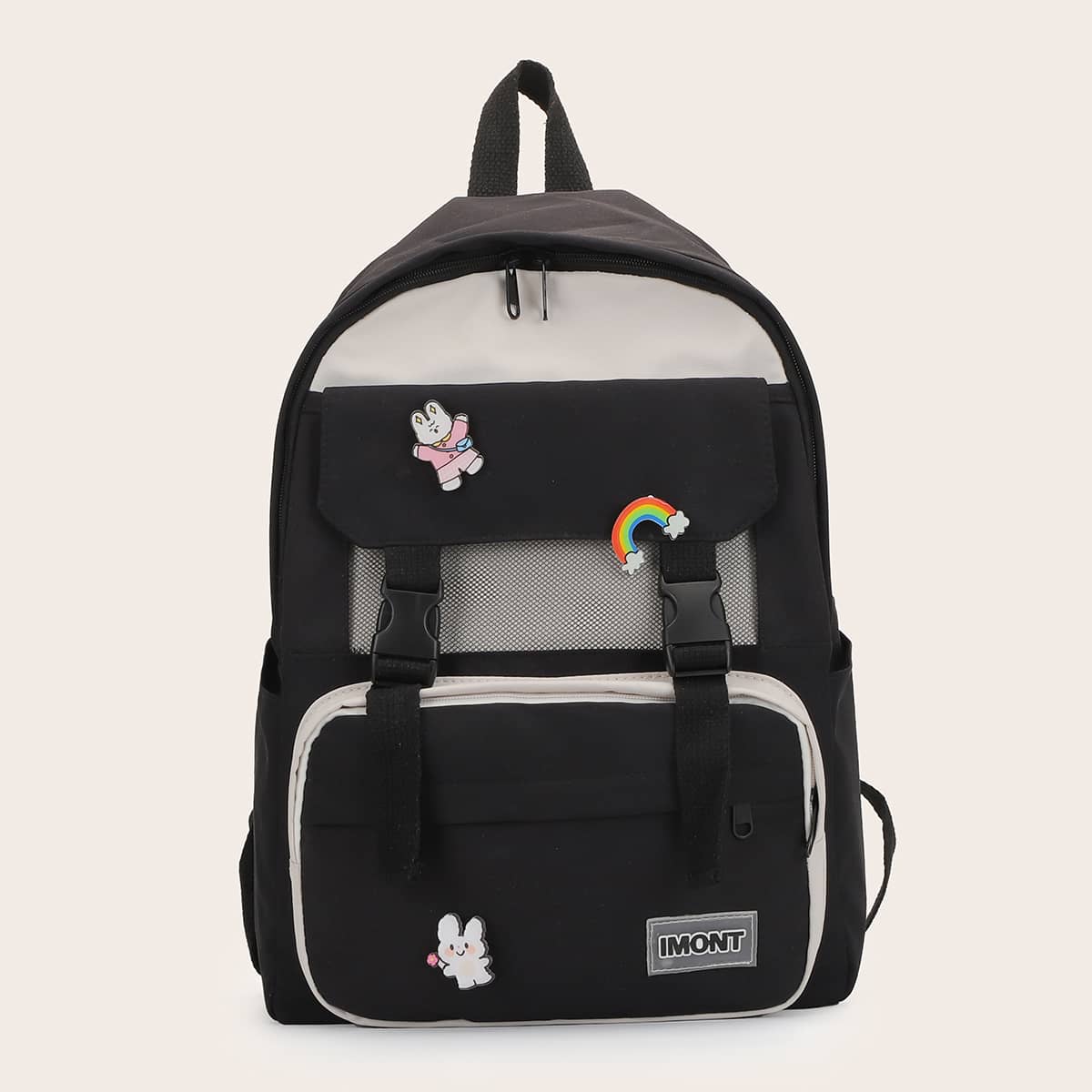 

Cartoon & Buckle Decor Backpack, Black