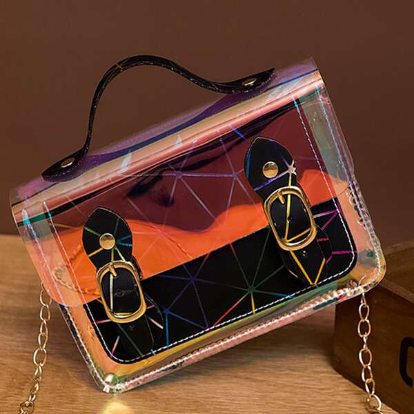 

Holographic Buckle Decor Flap Crossbody Bag, Black