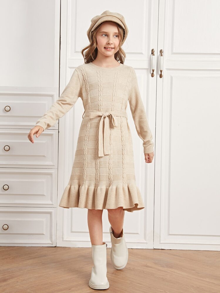 SHEIN Girls Ruffle Hem Belted Sweater Dress - Apricot - View 1