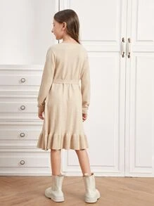SHEIN Niñas Vestido de punto bajo con fruncido con cinturón - Albaricoque - Ver 2