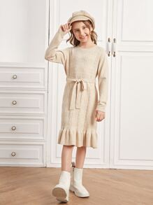 SHEIN Niñas Vestido de punto bajo con fruncido con cinturón - Albaricoque - Ver 3