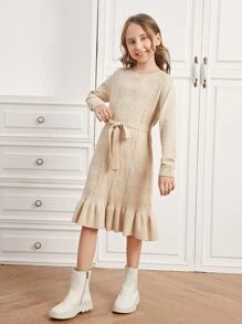 SHEIN Niñas Vestido de punto bajo con fruncido con cinturón - Albaricoque - Ver 4