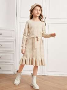 SHEIN Niñas Vestido de punto bajo con fruncido con cinturón - Albaricoque - Ver 5