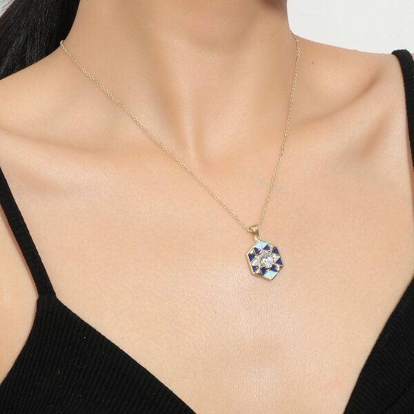 

18K Gold Plated Rhinestone Decor Hexagon Charm Necklace, Multicolor