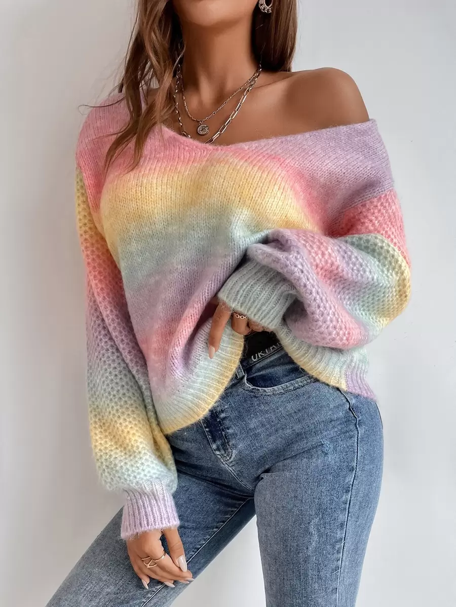 Chiquease V-Neck Colorblock Sweater,Long Sleeve Tops Knit Pullover Fall Winter Outfit - Multicolor - View 1