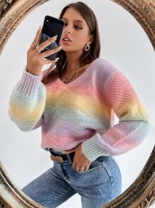 Chiquease V-Neck Colorblock Sweater,Long Sleeve Tops Knit Pullover Fall Winter Outfit - Multicolor - View 3