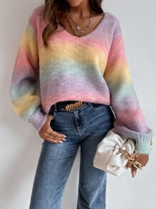 Chiquease V-Neck Colorblock Sweater,Long Sleeve Tops Knit Pullover Fall Winter Outfit - Multicolor - View 5