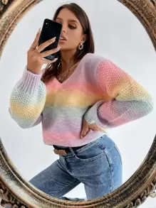 Chiquease V-Neck Colorblock Sweater,Long Sleeve Tops Knit Pullover Fall Winter Outfit - Multicolor - View 6
