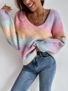 Chiquease V-Neck Colorblock Sweater,Long Sleeve Tops Knit Pullover Fall Winter Outfit - Multicolor - View 7