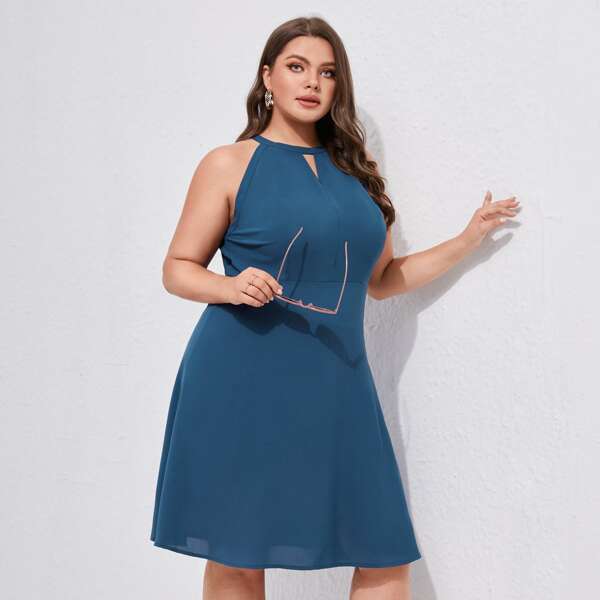 

Plus Keyhole Neck Halter Dress, Dusty blue