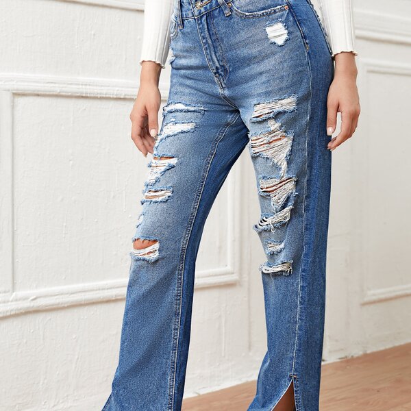 

Zipper Fly Ripped Detail Split Hem Jeans, Medium wash