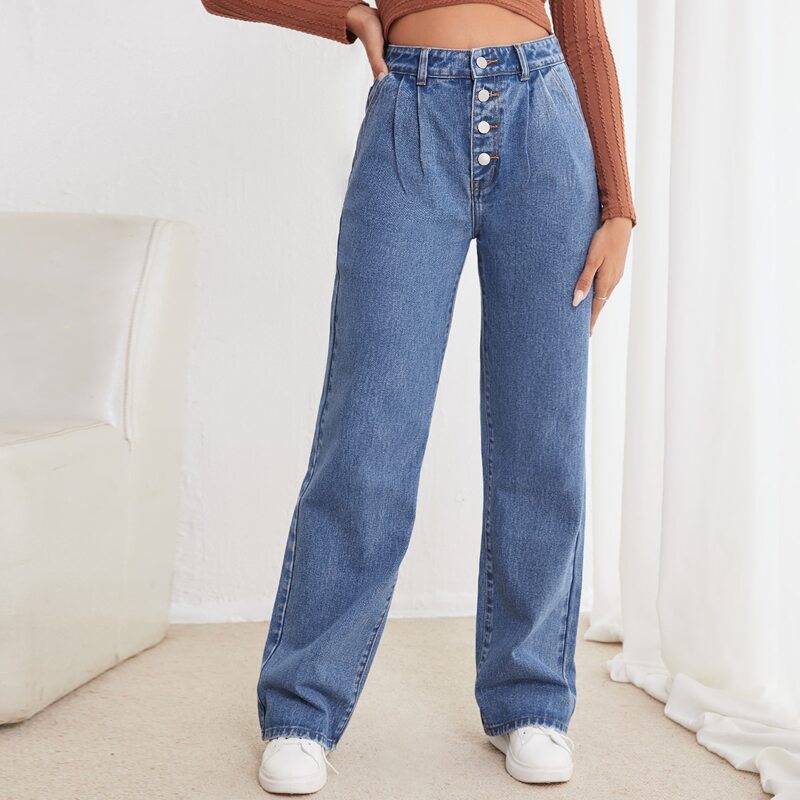 

High Waist Button Front Jeans, Medium wash