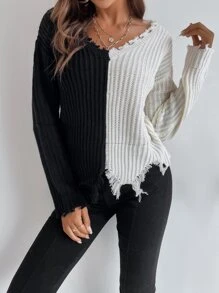 Chiquease Two Tone Drop Shoulder Distressed Trim Sweater,Long Sleeve Tops Knit Pullover Fall Winter - Black and White - View 4