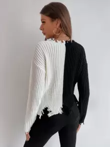 Chiquease Two Tone Drop Shoulder Distressed Trim Sweater,Long Sleeve Tops Knit Pullover Fall Winter - Black and White - View 5
