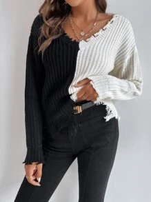 Chiquease Two Tone Drop Shoulder Distressed Trim Sweater,Long Sleeve Tops Knit Pullover Fall Winter - Black and White - View 2