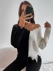 Chiquease Two Tone Drop Shoulder Distressed Trim Sweater,Long Sleeve Tops Knit Pullover Fall Winter - Black and White - View 3
