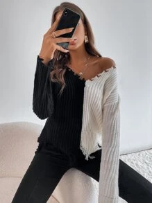Chiquease Two Tone Drop Shoulder Distressed Trim Sweater,Long Sleeve Tops Knit Pullover Fall Winter - Black and White - View 6