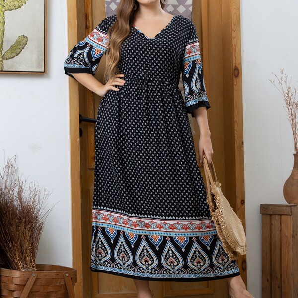

Plus Paisley & Geo Print A-line Dress, Black