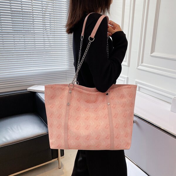 

Cartoon Bear Graphic Tote Bag, Pink