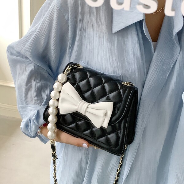 

Bow & Faux Pearl Decor Crossbody Bag, Black