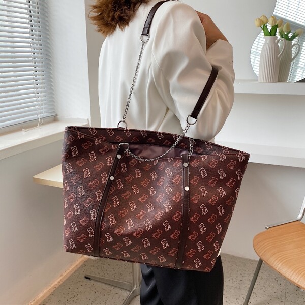 

Cartoon Graphic Chain Shoulder Tote Bag, Brown