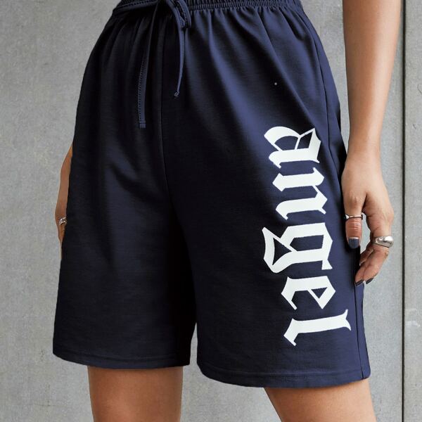 

Letter Graphic Knot Waist Track Shorts, Navy blue