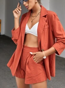 SHEIN Essnce Solid Lapel Collar Button Front Blazer And Shorts Set - Burnt Orange - View 5