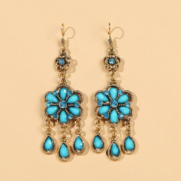 

Rhinestone Decor Flower Drop Earrings, Baby blue