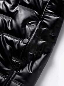 Manfinity Homme 男士拉链抽绳连帽宽松棉服外套（无上衣），纯色老公外出休闲泡泡袖外套 - 黑色 - 查看 3