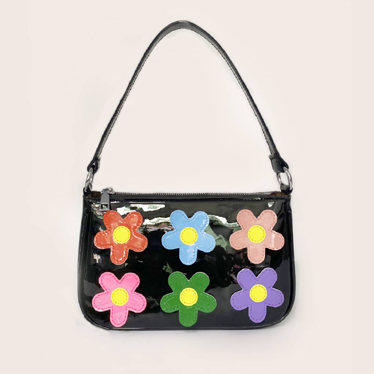 

Applique Zipper Up Baguette Bag, Black