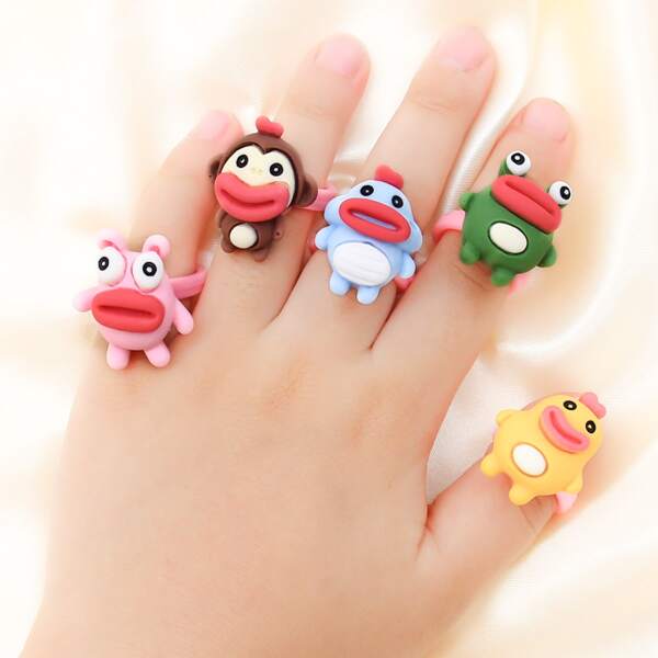 

5pcs Toddler Girls Cartoon Animal Decor Cuff Ring, Multicolor