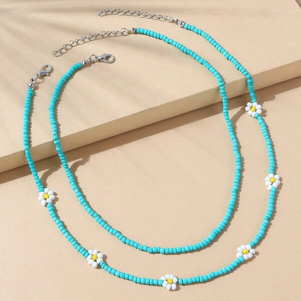 

2pcs Girls Beaded Necklace, Blue