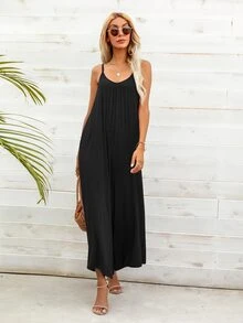 DEARCASE Solid Wide Leg Cami Jumpsuit - Black - View 5