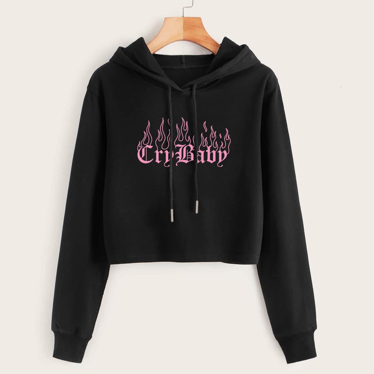 

Letter Fire Graphic Drawstring Crop Hoodie, Black