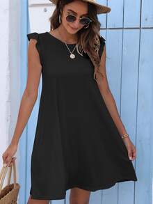 DEARCASE Váy liền thân Ruffle áo tay bướm - màu đen - Xem 4