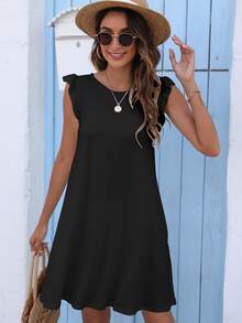 DEARCASE Váy liền thân Ruffle áo tay bướm - màu đen - Xem 5