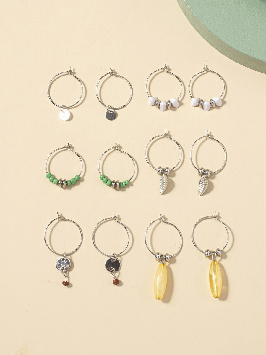 6pairs Leaf & Disc Charm Earrings - Multicolor - View 1