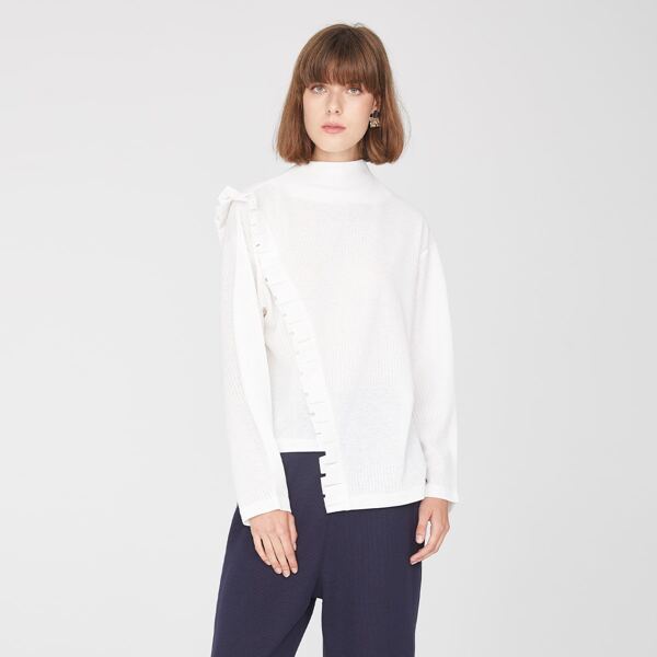 

Mock Neck Frill Trim Tee, White